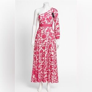 The Sang One Shoulder Maxi Dress Pink White Floral Satin Asymmetrical M NWT